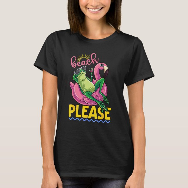 Cute Lazy Frog Pink Flamingo Beach Please Summer V T Shirt (Framsida)