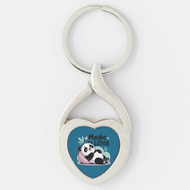 Cute Lazy Panda – “Maybe Later” Relaxing Panda Twisted Heart Silverfärgad Nyckelring (Framsidan)