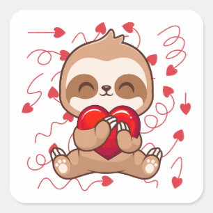 Cute Lazy Sloth Holding Heart Kärlek Sloth Fyrkantigt Klistermärke