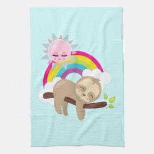 Cute Lazy Sloth med Sol och regnbåge Kökshandduk