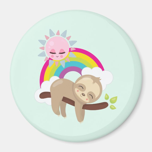 Cute Lazy Sloth med Sol och regnbåge Magnet (Framsidan)