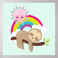 Cute Lazy Sloth med Sol och regnbåge