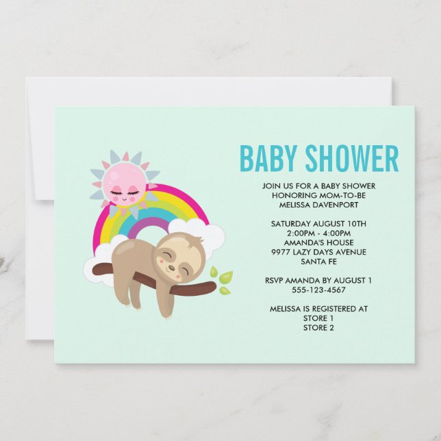 Cute Lazy Sloth med Sol & Rainbow Baby Shower (Framsida)