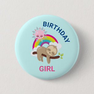 Cute Lazy Sloth med Sol & Rainbow Birthday Girl Knapp