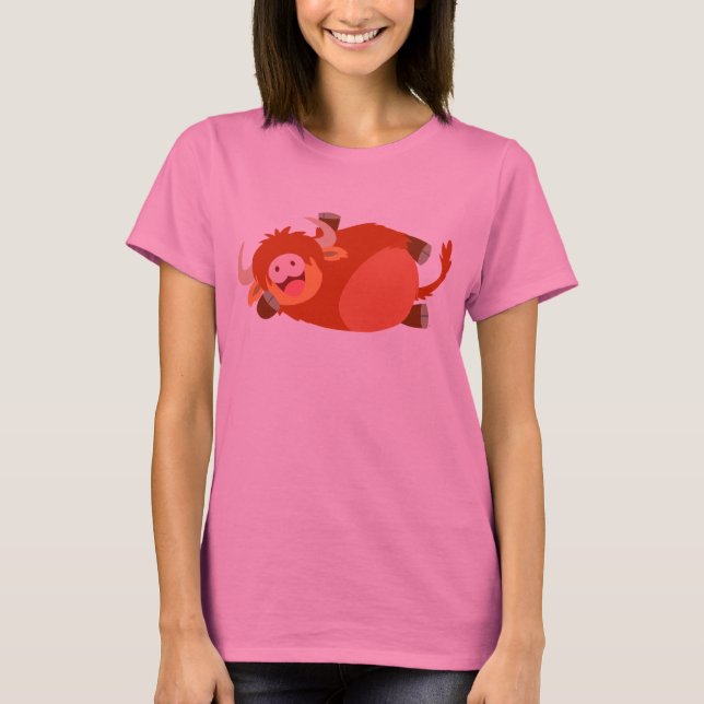 Cute Lazy Tecknad Highland Cow T-Shirt (Framsida)