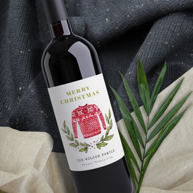 Cute Leafy Red Grönt Ugly Sweater jul Vinter Vinflaska Etikett (Skapare uppladdad)