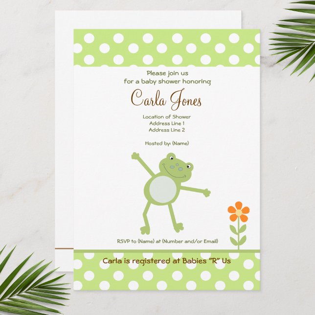 Cute Leapfrog Baby Shower Grönt Dot Orange Flower Inbjudningar (Leap Frog Baby Shower Invitations)