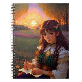 Cute Ledsen Anime Stil Woman i Meadow vid Sunset Anteckningsbok