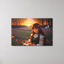 Cute Ledsen Anime Stil Woman i Meadow vid Sunset Canvastryck