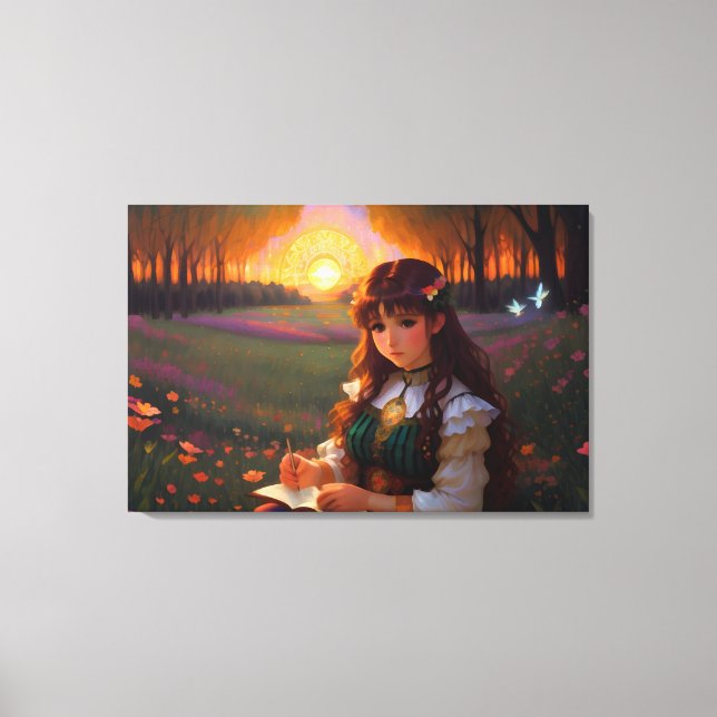Cute Ledsen Anime Stil Woman i Meadow vid Sunset Canvastryck (Framsida)