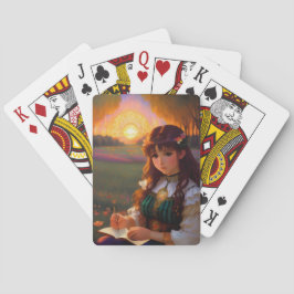 Cute Ledsen Anime Stil Woman i Meadow vid Sunset Casinokort