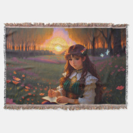 Cute Ledsen Anime Stil Woman i Meadow vid Sunset Filt