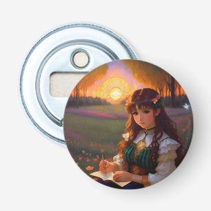 Cute Ledsen Anime Stil Woman i Meadow vid Sunset Flasköppnare