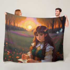 Cute Ledsen Anime Stil Woman i Meadow vid Sunset Fleecefilt