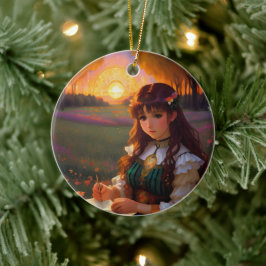 Cute Ledsen Anime Stil Woman i Meadow vid Sunset Julgransprydnad Keramik