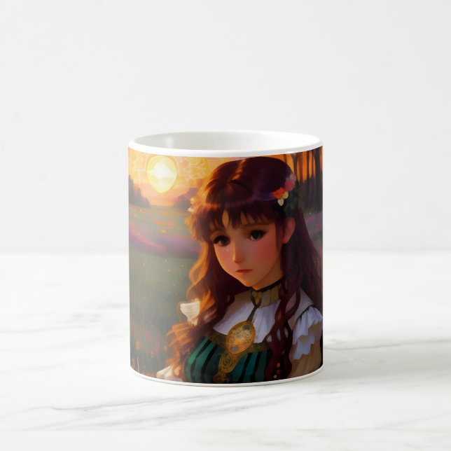 Cute Ledsen Anime Stil Woman i Meadow vid Sunset Kaffemugg (Center)