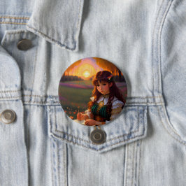 Cute Ledsen Anime Stil Woman i Meadow vid Sunset Knapp
