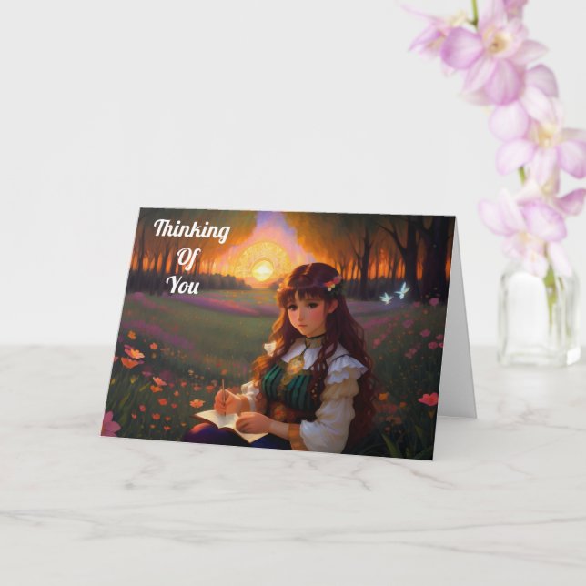 Cute Ledsen Anime Stil Woman i Meadow vid Sunset Kort (Orkide)