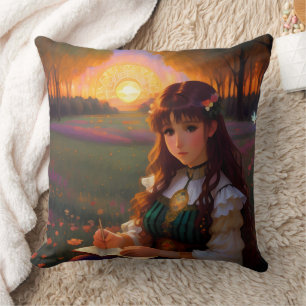 Cute Ledsen Anime Stil Woman i Meadow vid Sunset Kudde