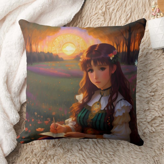 Cute Ledsen Anime Stil Woman i Meadow vid Sunset Kudde (Filt)