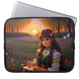 Cute Ledsen Anime Stil Woman i Meadow vid Sunset Laptop Fodral