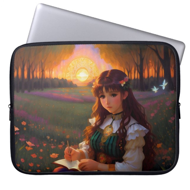 Cute Ledsen Anime Stil Woman i Meadow vid Sunset Laptop Fodral (Framsidan)