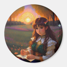 Cute Ledsen Anime Stil Woman i Meadow vid Sunset Magnet