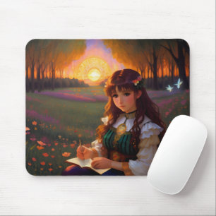 Cute Ledsen Anime Stil Woman i Meadow vid Sunset Musmatta