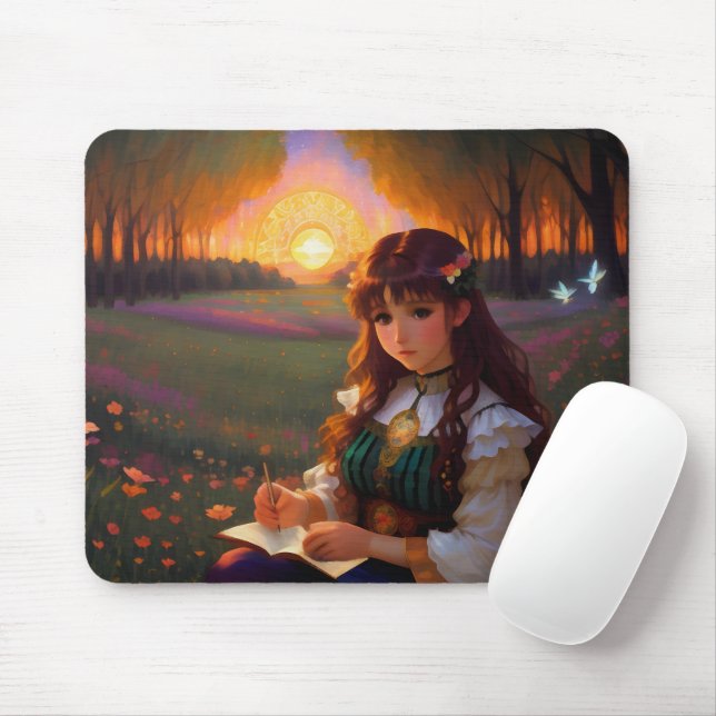 Cute Ledsen Anime Stil Woman i Meadow vid Sunset Musmatta (Med mus)
