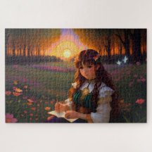Cute Ledsen Anime Stil Woman i Meadow vid Sunset