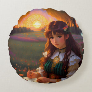 Cute Ledsen Anime Stil Woman i Meadow vid Sunset Rund Kudde