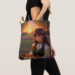 Cute Ledsen Anime Stil Woman i Meadow vid Sunset Tygkasse