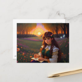 Cute Ledsen Anime Stil Woman i Meadow vid Sunset Vykort