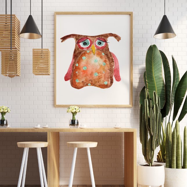Cute ledsen, rolig vattenfärg, rödbrun uggla poster (Skapare uppladdad)