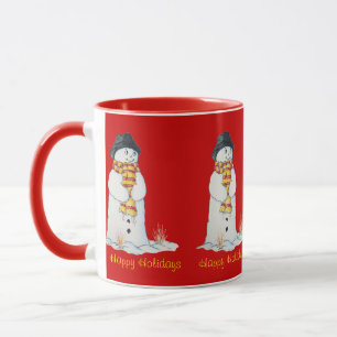 Cute leende snögubbe i snö vid jul mugg