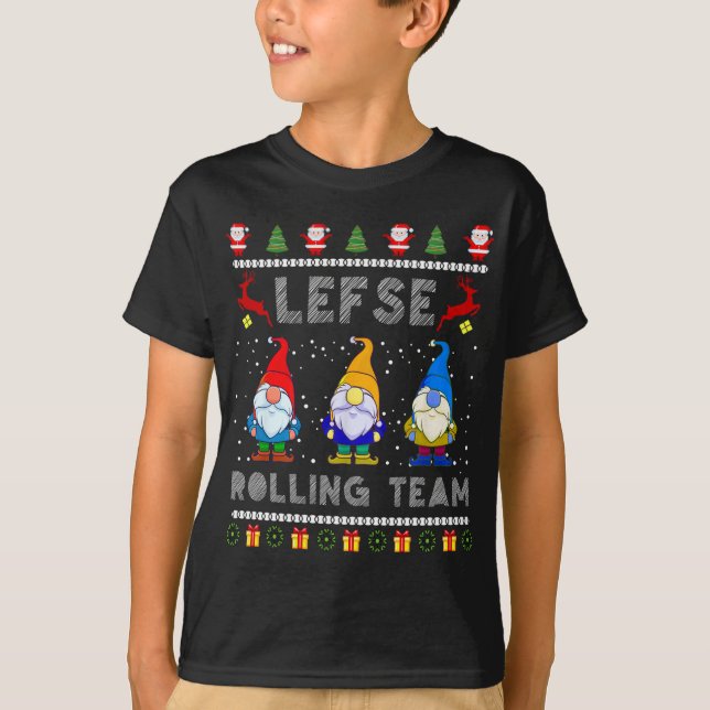 Cute Lefse Rolling Team Norska Gnomes Ugly Julafto T Shirt (Framsida)