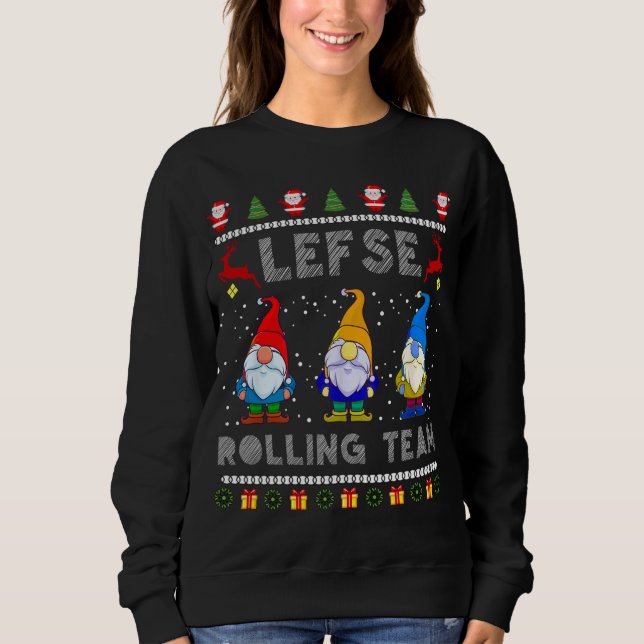 Cute Lefse Rolling Team Norska Gnomes Ugly Julafto T Shirt (Framsida)