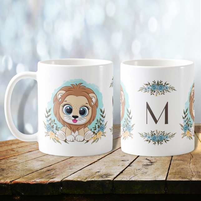 Cute Lejon Charming Blommigt Monogram Kaffemugg (Skapare uppladdad)
