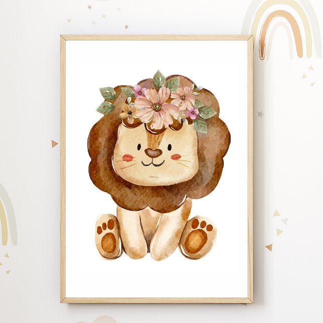Cute Lejon Flowers Nursery Poster Kids Room Decor (Skapare uppladdad)