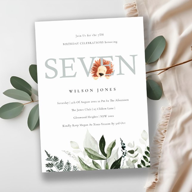 Cute Lejon Foliage 7:e Sju Födelsedagsfest Inbjuda Tack Kort (Skapare uppladdad)