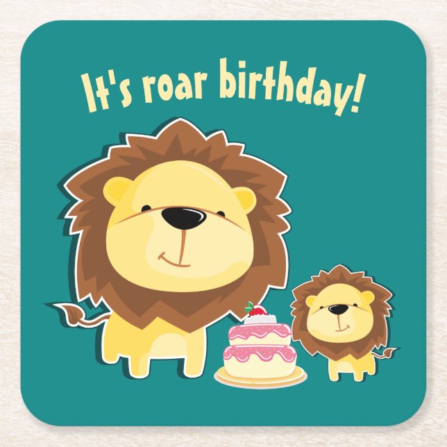 Cute Lejon och Baby Unge Barns födelsedag Underlägg Papper Kvadrat (Framsidan)
