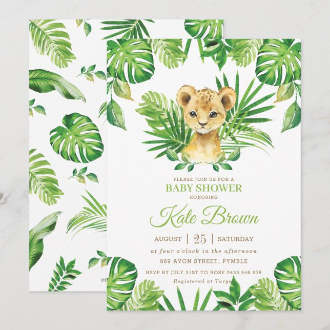 Cute Lejon Unge Tropical Greenery Boy Shower Inbjudningar (Fram/baksida)