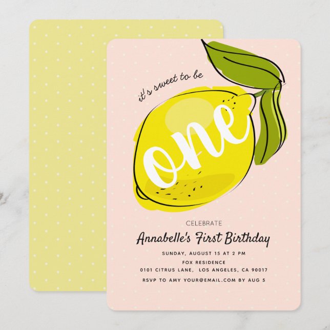 Cute Lemon 1:a födelsedag Baby Rosa Party bjudande Inbjudningar (Fram/baksida)