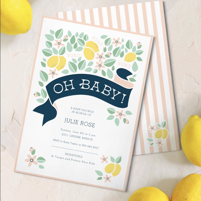 Cute Lemon Botanical Rosa Baby Shower Inbjudningar (Cute Lemon Yellow Botanical Bold Baby Shower  Invitation)