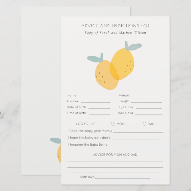 Cute Lemon Citrus Baby Shower Adress Prediction (Fram/baksida)