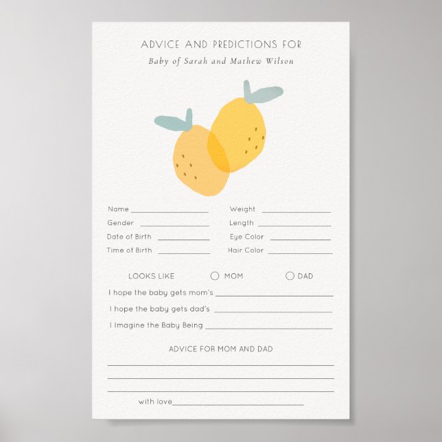 Cute Lemon Citrus Baby Shower Adress Prediction Poster (Framsidan)