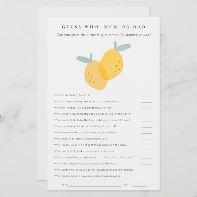 Cute Lemon Citrus Baby Shower Gissa vem Mamma elle (Fram/baksida)