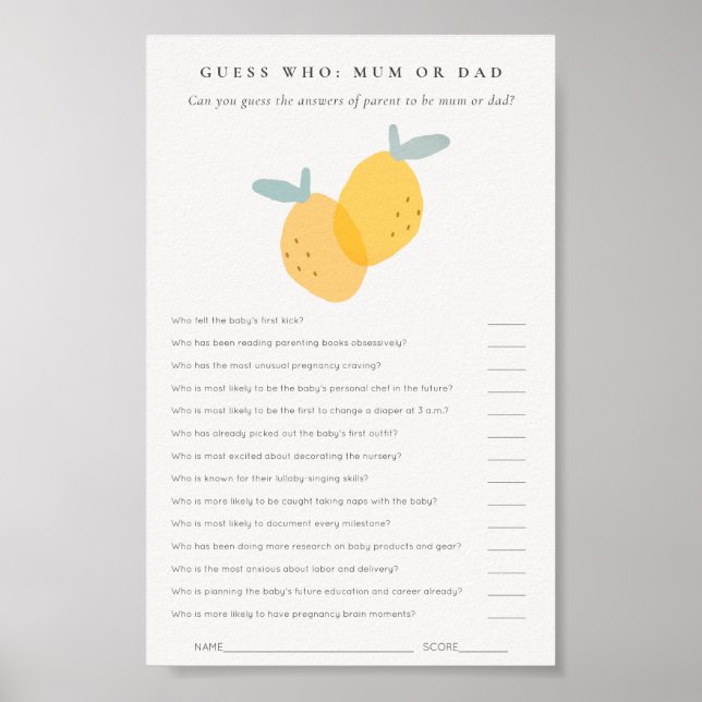 Cute Lemon Citrus Baby Shower Gissa vem Mamma elle Poster (Framsidan)