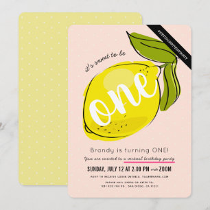 Cute Lemon Girl Rosa Virtuell 1:a födelsedagen Inbjudningar