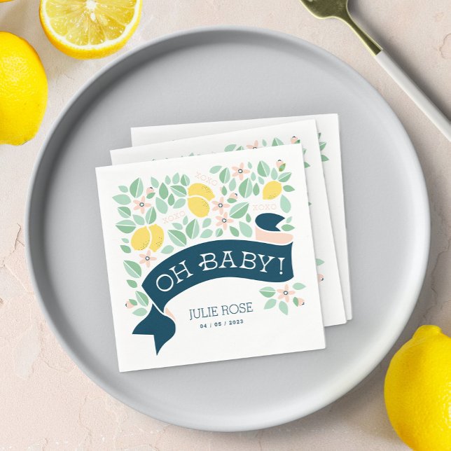 Cute Lemon Gult Botaniskt Roligt Baby Shower Pappersservett (Cute Lemon Yellow Botanical Bold Baby Shower napkin)